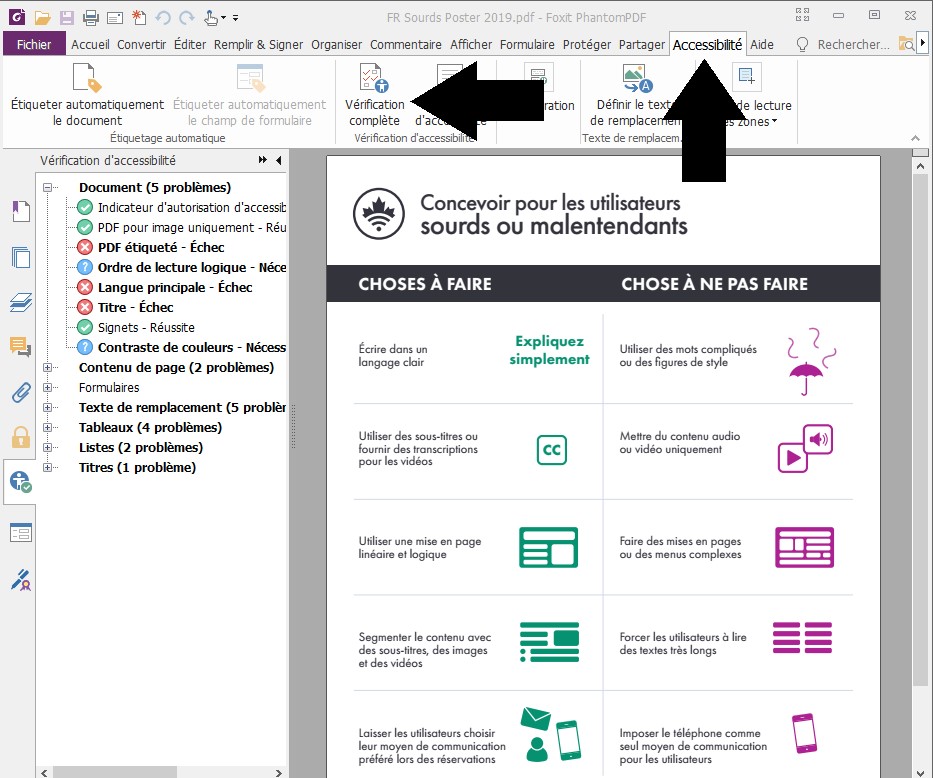 Capture d’écran de la liste des succès et échecs d'accessibilité dans Phantom PDF